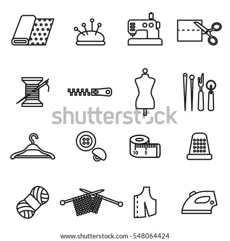 Knitting, sewing and needlework line icons. 