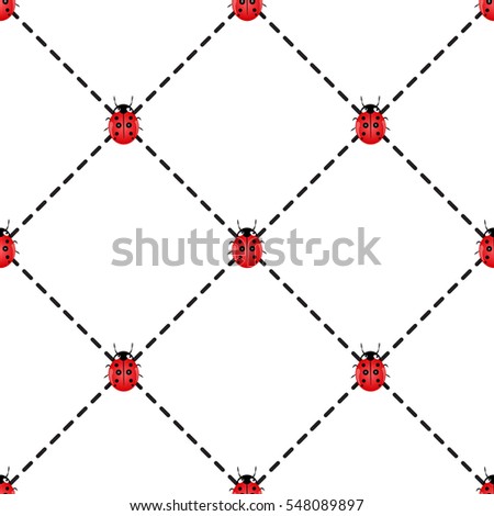 Seamless vector pattern with insects, chaotic background with bright close-up ladybugs, over light backdrop

