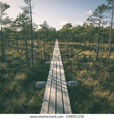 wooden footbridge in the bog in the countryside - instant vintage square photo