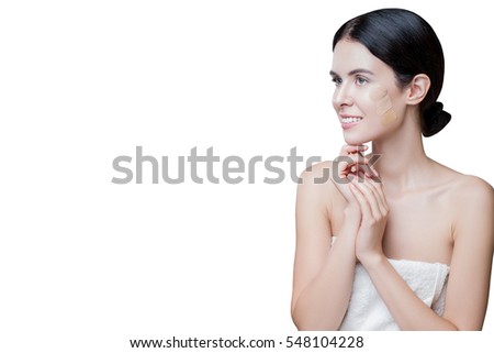Close-up Portrait of Attractive Woman with three kinds of Foundation on the Face. People, Beauty Woman Face Portrait. Woman with different shades of foundation on your FACE. Woman with perfect SKIN 