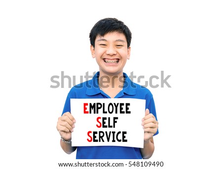 Asian teen holding paper with Employee Self Service (ESS) message with vintage tone.