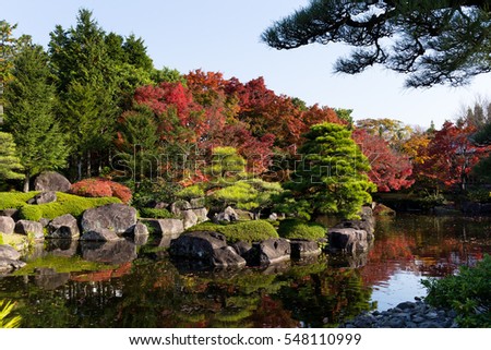 Japanese garden with red maple foliage 