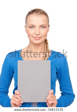 picture of happy woman with blank board