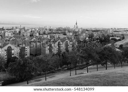 Panoramic view of Madrid, Spain. Photo taken from the hills of Tio Pio Park, Vallecas. Black & white picture.