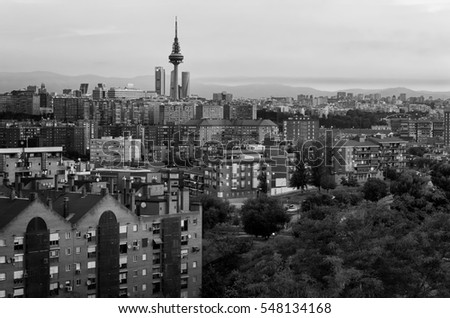 Panoramic view of Madrid, Spain. Photo taken from the hills of Tio Pio Park, Vallecas. Black & white picture.