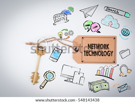 Network Technology Concept. Key and a note on a white background 