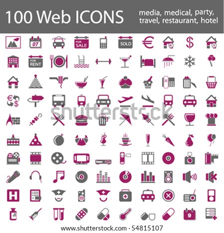 One hundred different highly detailed vector Icons for Web Applications. Media, Medical, Party, Hotel and Travel.