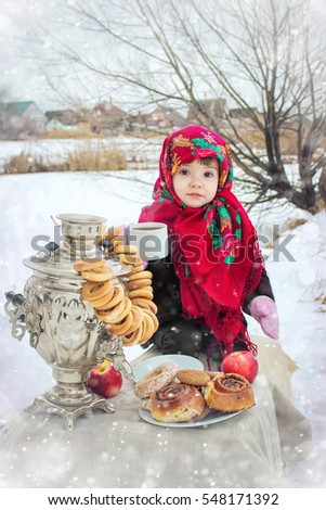 Girl in a scarf with scones and a samovar. 