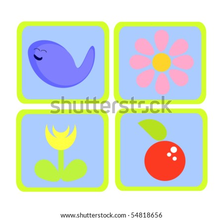 Colorful nature icons - fish, flowers and apple