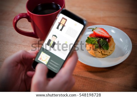 Portfolio of people and navigation map on screen against cropped image of hand taking picture of dessert