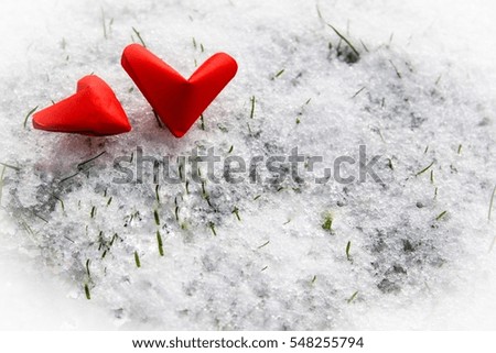 Two folding Paper  Hearts on Snow Frosty background in the frosty Day of January. 