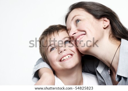 Happy mother with the son isolated on light background Royalty-Free Stock Photo #54825823