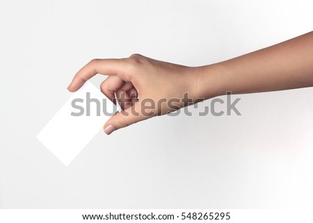 Hand hold blank business card isolated on white background