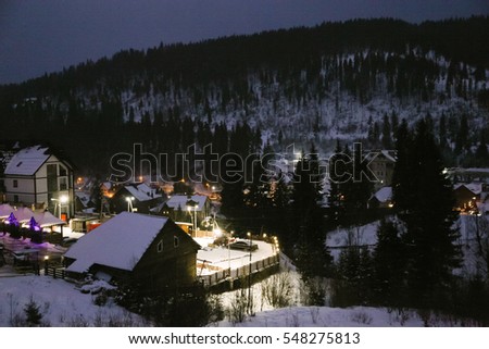 Bukovel the largest ski resort in Eastern Europe, Ukraine, Carpathian Mountains, for sports, business, leisure and health. Winter seasonal view.