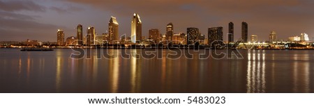 Panorama of San Diego downtown at dusk, shot from Coronado island.
