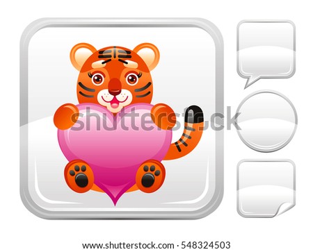 Happy Valentines day romance love baby tiger toy icon isolated white background. Cute animal romantic dating vector illustration. Silver button icons set. Abstract holiday design. Flat cartoon sign.

