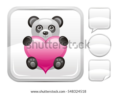 Happy Valentines day romance love baby panda toy icon isolated white background. Cute animal romantic dating vector illustration. Silver button icons set. Abstract holiday design. Flat cartoon sign.

