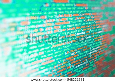 Computer code data. Big data database app. Desktop PC monitor photo. Programming code on computer screen. 
