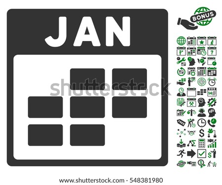 January Calendar Grid icon with bonus calendar and time management clip art. Vector illustration style is flat iconic symbols, green and gray, white background.