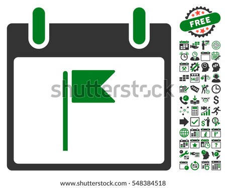 Flag Calendar Day pictograph with bonus calendar and time management clip art. Vector illustration style is flat iconic symbols, green and gray, white background.