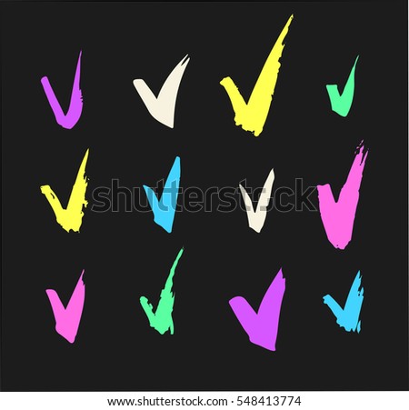 Set of hand drawn paint object for design use. Acid colors on black background. Abstract brush drawing. Vector art illustration grunge check mark