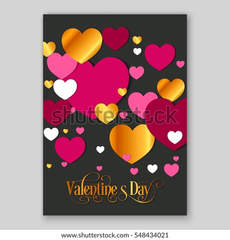 Happy Valentines Day Party Invitation Card Flyer with red, gold and pink hearts