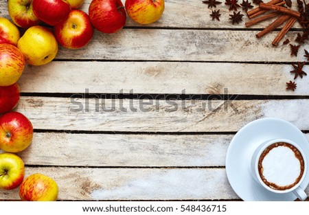 Some red and yellow apples, sugar kitchen herbs and cup of coffee on the white wooden table. food and dietary concept. picture with free space for text