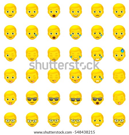 Set of Yellow Men's Realistic Emoticons. Set of Human Emojis. Smile icons. Isolated vector illustration on white background