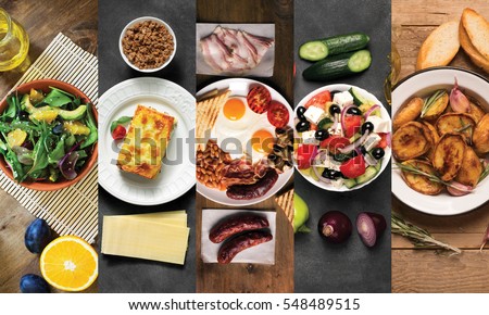 Collage from different pictures of tasty food. Black and wooden background