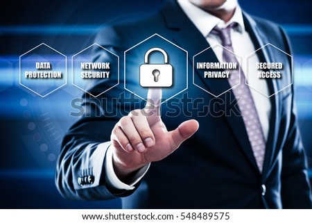 business, technology, internet, data protection and cyber security concept on hexagons and transparent honeycomb background. Businessman pressing  lock button on virtual screen