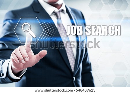 business, technology, internet concept on hexagons and transparent honeycomb background. Businessman pressing job search on virtual screen