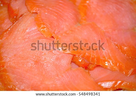 Cold smoked salmon. Amazingly tasty and delicious salmon fish. This is what a real delicacy looks like. Delicious taste and absolute health benefits. Enjoy your meal. Bon appetit. Stock photo. 