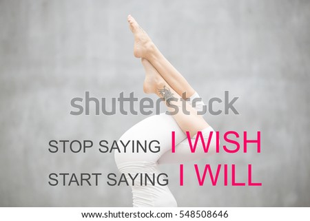Fit woman doing yoga or pilates exercise. Fitness motivation quote with motivational text "Stop saying I wish. Start saying I will". Healthy lifestyle concept Close up of floral tattoo on her ankle