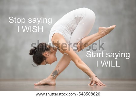 Young fit woman with beautiful tattoo working out doing yoga or pilates exercise. Fitness motivation quote with motivational text "Stop saying I wish. Start saying I will". Healthy lifestyle concept