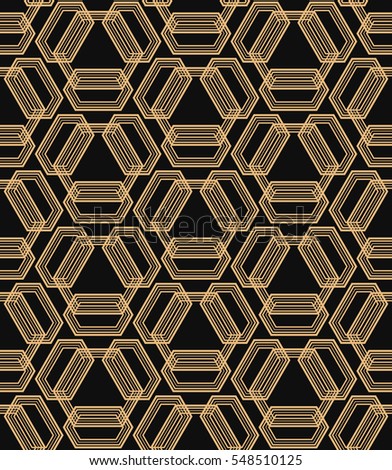 Seamless pattern in Art Deco style. Black and golden tilework. Hexagonal luxury background. Striped print.