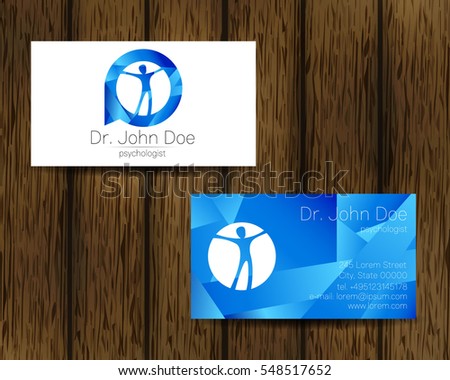 Psychology vector visit card. Modern logo. Creative style. Design concept. Brand company. Blue color isolated on tree background. Symbol for web, print. Visiting personal set illustration