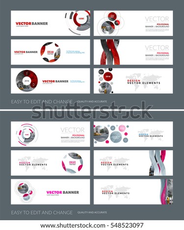 Vector set of modern horizontal website banners with red soft shapes, rounds, sphere for PR, beauty, tech, communication. Clean web headers design with overlay effect. 