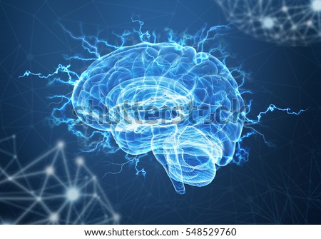 A human brain on blue background