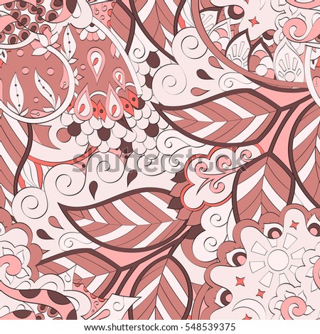 Tracery seamless calming pattern. Mehendi design. Ethnic red doodle texture. Indifferent discreet. Curved doodling mehndi motif. Vector.