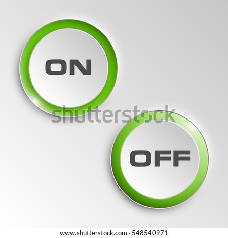 web round button on & off positions for website or app. Isolated bell sign with border, reflection and shadow on background. Vector eps10.
