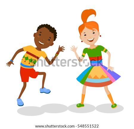 Dancing of little cartoon fun kids in colorful clothes