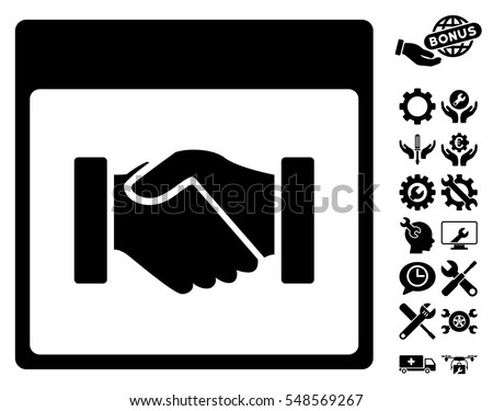 Handshake Calendar Page pictograph with bonus settings clip art. Vector illustration style is flat iconic symbols, black, white background.
