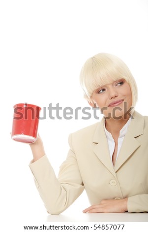 Beautiful business woman holding cup of coffee isolated on white background