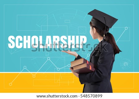Graduated female girl holding the books with text: Scholarship Royalty-Free Stock Photo #548570899