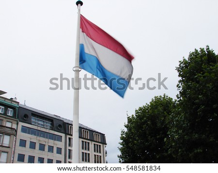 Flag of Luxembourg in Luxembourg city, with a tree and building in background, cloudy overcast day, waving on the wind, European Union
