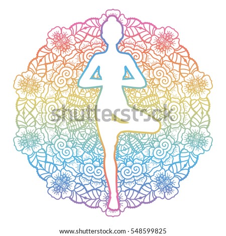 Mandala round background. Women silhouette. Yoga tree pose. Vrikshasana. Vector illustration.
