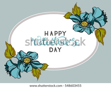 Colorful vintage greeting card with blue flowers, Happy Valentines Day vector illustration