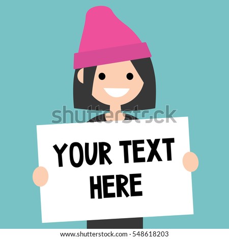 Your text here. Young brunette girl holding a sheet of paper / editable flat vector illustration, clip art.