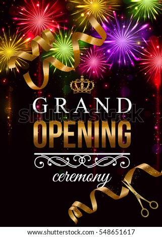 Grand Opening banner with fireworks. Ceremony vector illustration
