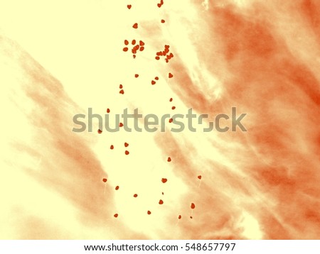 Countless red love balloons flying to heaven against sky background. Heart shaped balloons on blue sky for wedding cards concept, bridal blogs and magazines, lens flare, image with retro filter effect